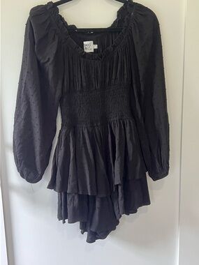 Black Swiss Dot Ruffle Long-Sleeve Mini Dress